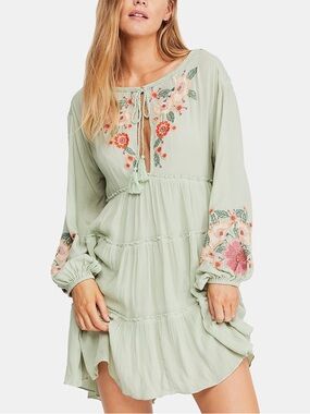 Free People Sage Green Embroidered Floral Mini Dress